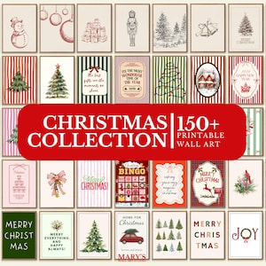 Pode incluir: Uma coleção de mais de 150 impressões de arte de parede de Natal para impressão. As impressões apresentam várias ilustrações festivas, incluindo árvores de Natal, ornamentos e saudações de feriados. A coleção é exibida em um formato de grade com uma faixa vermelha que diz "Christmas Collection".