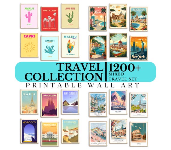 1200+ Vintage Travel Poster Set: Retro City Prints, Wanderlust Decor (Digital Download)