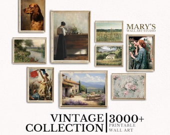 May include: A collection of vintage wall art prints in various styles, including landscapes, portraits, and floral designs. The prints are framed in a simple, white frame. The text "MARY'S WALL ART STUDIO" and "VINTAGE COLLECTION | 3000+ PRINTABLE WALL ART" is visible in the image.