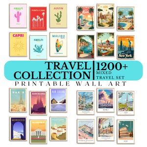 800 Reise Poster, MEGA BUNDLE, Trendige Wandkunst, Retro Reise Druck, Maximalistische Dekoration, Vintage Reise Wandkunst, Bunter Reise Druck