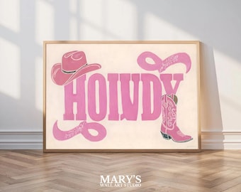 HOWDY - Lámina con tipografía western - Arte de botas y sombrero de vaquera rosa (Descarga digital)