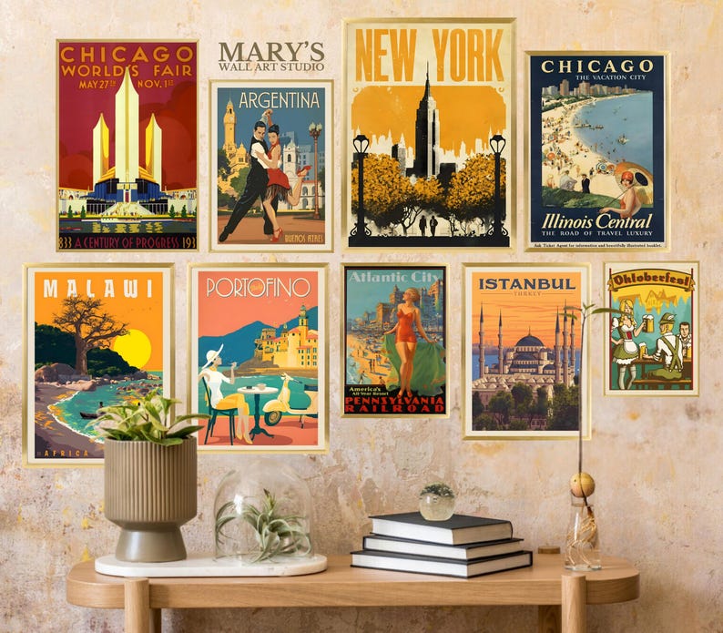 Printable travel wall art bundle featuring 1200+ high-resolution posters. Includes vintage, retro, preppy, minimalist, and colorful city and country designs like Paris, Rome, New York, Amalfi, and more. Digital download JPG files, ideal for home decor, gallery walls, offices, Airbnb, and gifts. Travel-themed printable art for instant download. Multiple sizes included for easy at-home or professional printing.