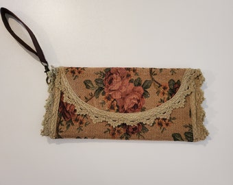 Handgemaakte clutch portemonnee, teruggewonnen vintage stof