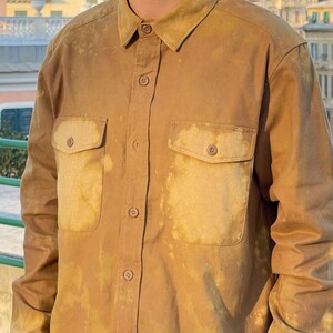 Hand Dyed Men’s Shirt, Bleach Washed Button Up, Earth Tone Shirt, One of a Kind Clothing, Distressed Cotton Blend Shirt, Workwear Style