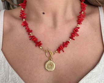 Red Coral Necklace, Coral and gold necklace, Coral necklace with gold pendant, T lock necklace, gold hematite necklace