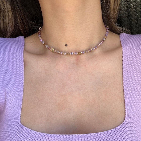 Lepidolite Necklace, lepidolite choker, gemstone necklace, Lepidolite necklace with gold beads, Purple Bead Choker, Purple Necklace