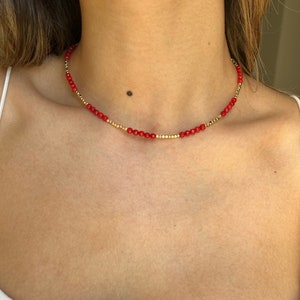 Chic Coral Stone Necklace with Gold Plated Shiny Beads, Red Necklace, Gift for Her