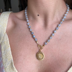 Aquamarine Beaded Necklace with Gold Pendant & T-Lock Clasp