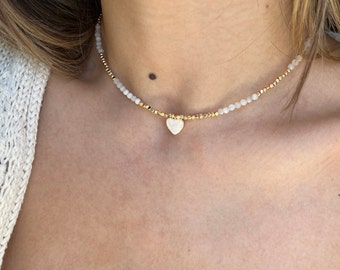 Moonstone Necklace with Heart Pendant | Gold Beaded Necklace | White and Gold Necklace | Summer Necklace | Heart Necklace