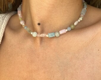 Pearl and Gemstone Necklace | Pink Quartz Aquamarine Morganite Aventurine Pearl Necklace | Pastel Color Necklace | Pearl Choker