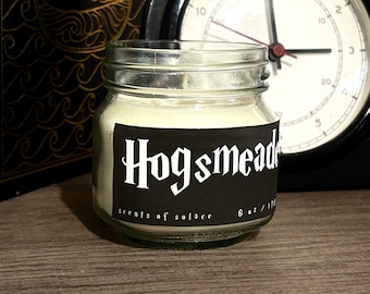 Hogsmeade Scented Candle || Wizarding World Inspired Scent | Butterbeer and Snow | Handcrafted Gift for Book Lovers | 6oz Soy Wax