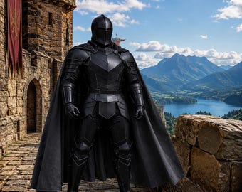 May include: A full suit of matte black plate armour featuring a rounded helmet with a horizontal visor, articulated shoulder pauldrons, gauntlets, and greaves. The armour is worn with a long, flowing black cape that drapes over the shoulders.