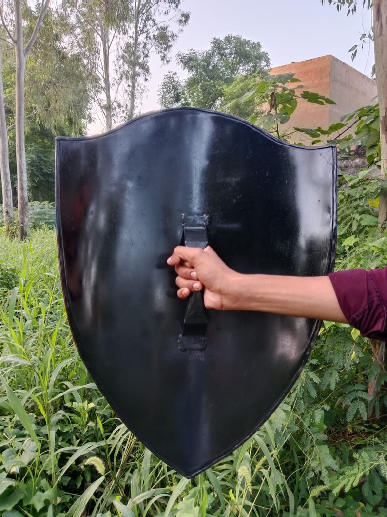 May include: A black metal shield with a handle. The shield is held by a hand in front of a green grassy background.