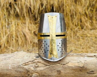 Templar Crusader Helmet: Medieval Knight Steel & Brass Replica