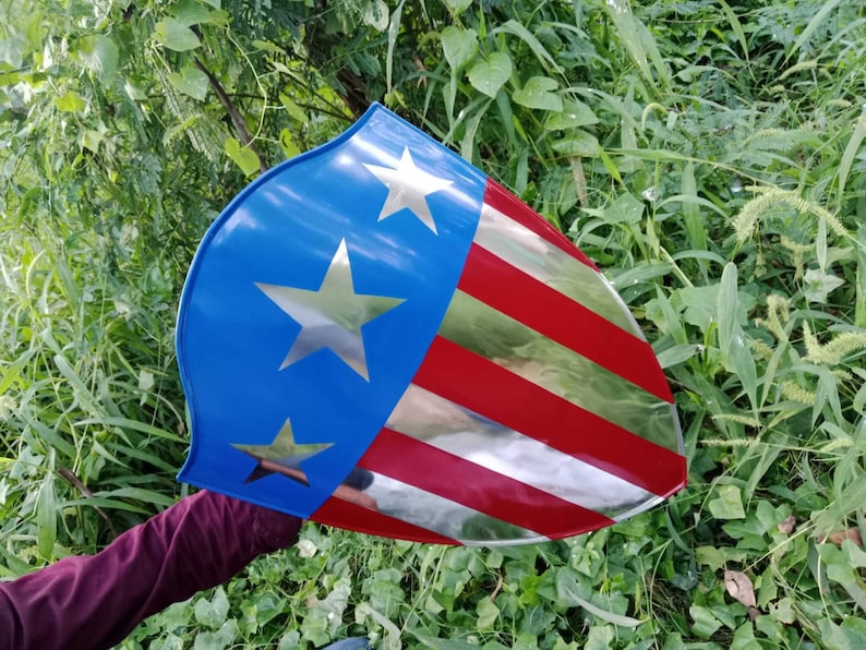 May include: A red, white, and blue shield with a silver star design. The shield is made of metal and has a glossy finish.