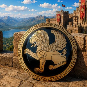 Escudo hoplita griego hecho a mano: armadura espartana con león dorado, 24 pulgadas.