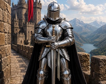 Gothic Full Plate Armor Suit | Polished Steel Knight Costume, Black Cape (Display, Cosplay)