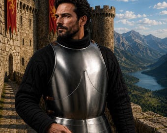 May include: A polished steel breastplate featuring a curved front design with brown leather straps and buckles, worn over a black long-sleeved quilted garment. The armour covers the torso and upper thighs, showcasing a metallic finish and rivets.