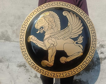 Handmade Greek Hoplite Shield: Gold Lion Spartan Armor, 24 Inch