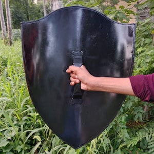 May include: A black metal shield with a handle. The shield is held by a hand in front of a green grassy background.