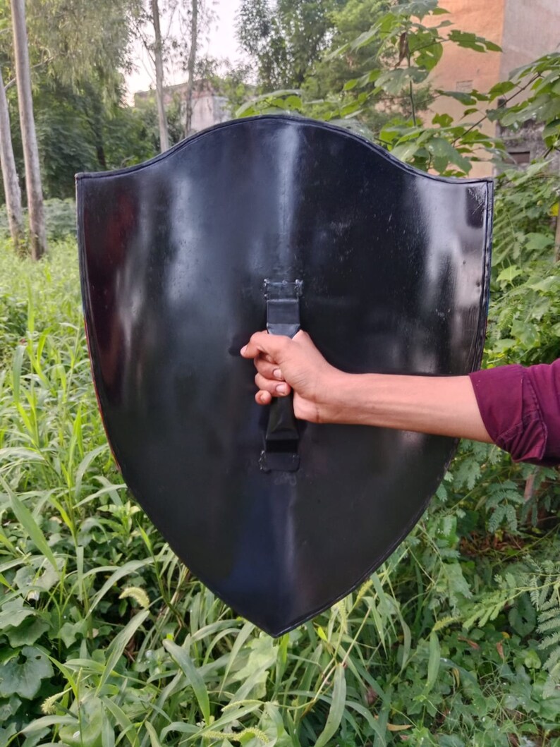 May include: A black metal shield with a handle. The shield is held by a hand in front of a green grassy background.