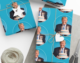 Trump Birthday Cake and Candles Blue Gift Wrap Paper