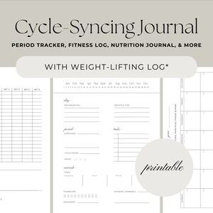 May include: Printable journal pages for tracking your cycle, fitness, nutrition, and weightlifting. The pages include sections for daily tasks, gratitude, period symptoms, cycle phase, mood, food, hydration, vitamins and minerals, and a calendar for tracking your cycle.