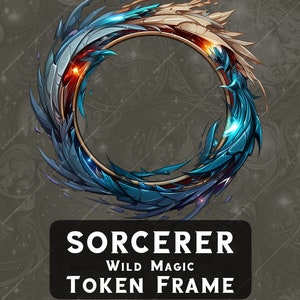 Könnte beinhalten: Ein blauer und goldener runder Rahmen mit einem wirbelnden Design. Der Rahmen trägt den Text "SORCERER WILD MAGIC TOKEN FRAME" unten.