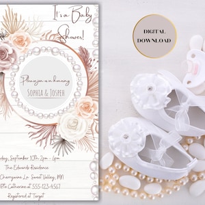 Chá de bebê menina, convite digital para chá de bebê, download digital, chá de bebê pérola, convite para chá de bebê