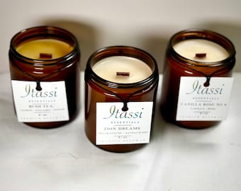 Grand Flight: Set of Three (3) 8oz Aromatherapy Beeswax Pure Essential Oil Candles with Wood Wick – Organic, Hand-Poured, Eco-Friendly