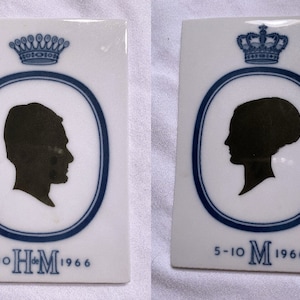 1966 Royal Copenhagen Porcelain Silhouette Tiles of Princess Margrethe and Prince Henrik of Denmark, Set of 2