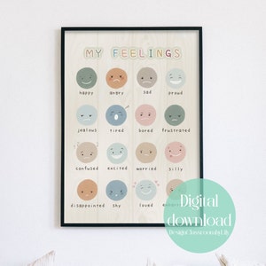 Cartel de emociones y sentimientos / Gráfico colorido de sentimientos silenciados, aula, guardería, Montessori, arte y decoración de pared imprimibles en la escuela en el hogar