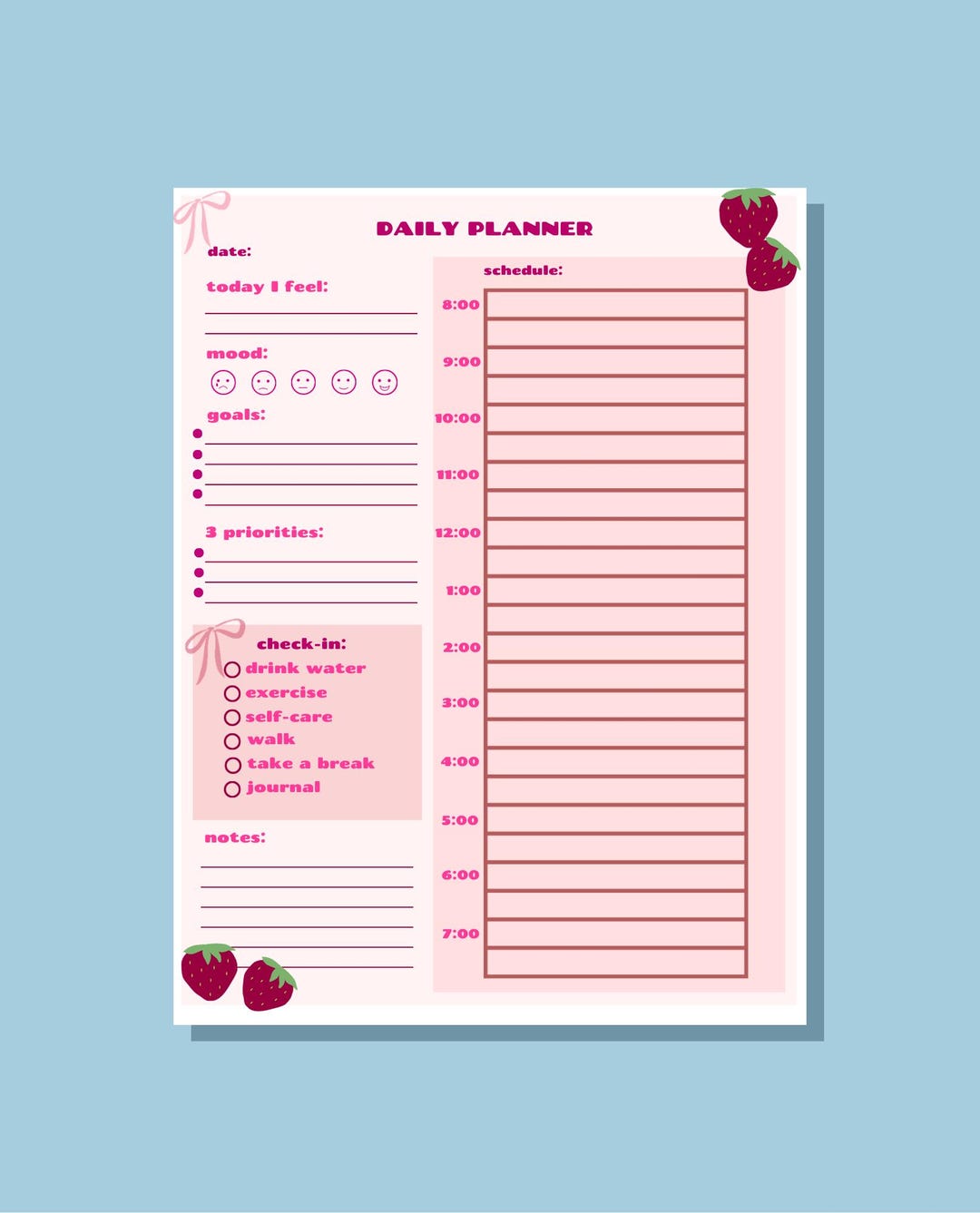 Productivity Daily Planner Printable, Coquette Aesthetic Planner, Pink ...