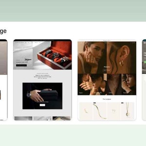 May include: Four different online store homepages showcasing the Prestige theme. The first page features a man with a bare chest, the second page features a watch in a red box, the third page features a woman wearing jewellery, and the fourth page features a product with the text "Elevate Organically".