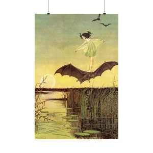 May include: A vintage illustration of a young girl in a green dress riding a bat over a lake at sunset. The bat is flying over a lake with lily pads and reeds. The moon is visible in the sky.