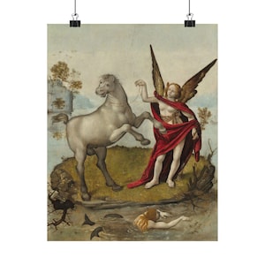 Puede incluir: Una pintura que representa a una mujer alada con una túnica roja que sostiene una cuerda atada a un caballo blanco. La mujer está de pie en una isla cubierta de hierba con agua en el fondo. Una sirena nada en el agua.