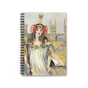 May include: A vintage illustration of a young woman wearing a crown and a long white dress with a blue cape. She is holding a staff and standing in front of a castle with towers.