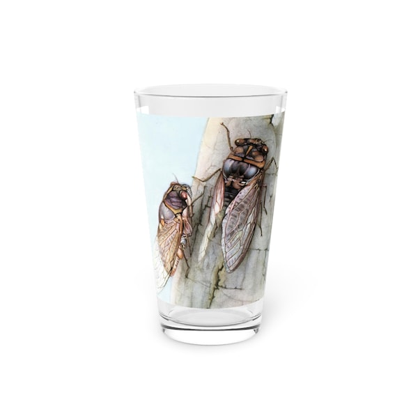 Cicada Pint Glass - Vintage Reproduction Print Pint Glass, 16oz - Vintage print Elephant - Antique Drawing Insects pushing Dung