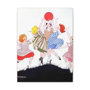 Vintage reproduction Gallery Wrap Canvas Print - Matte Vertical Poster - Ephemera Print Illustration - Little Girls playing with red ball