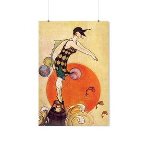Vintage reproduction print - Matte Vertical Poster - Ephemera Print Illustration - Diving Girl - Swimmer Girl Illustration