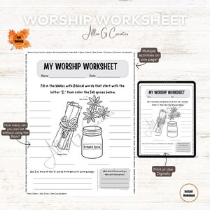 May include: A printable worksheet for children to learn about the Bible. The worksheet features a black and white illustration of cinnamon sticks and star anise, with the words "My Worship Worksheet" and "Fill in the blanks with Biblical words that start with the letter 'S'. Then colour the autumn spices below." The worksheet also includes a section for writing a prayer.
