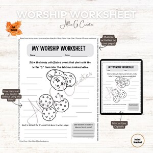 May include: A printable worksheet for children to learn about the Bible. The worksheet features a black and white illustration of cookies and asks children to fill in the blanks with words that start with the letter "C" from the Bible. The worksheet also includes a section for writing a prayer and a section for listing ingredients for a favourite cookie.