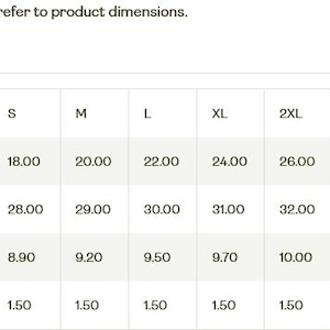 May include: A size chart for clothing with measurements in inches for width, length, and sleeve length. The chart includes sizes XS through 5XL.