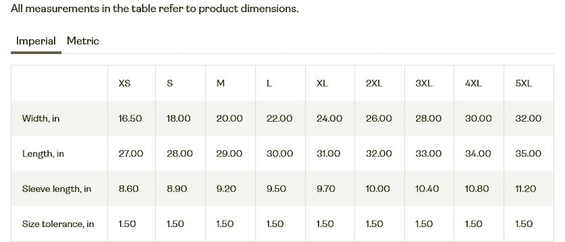 May include: A size chart for clothing with measurements in inches for width, length, and sleeve length. The chart includes sizes XS through 5XL.