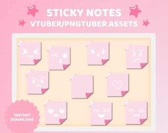 May include: Nine pink sticky notes with different cartoon faces and a heart on a beige background. The notes have a white outline and a pink folded corner. The text "STICKY NOTES" and "VTUBER/PNGTUBER ASSETS" is at the top of the image.