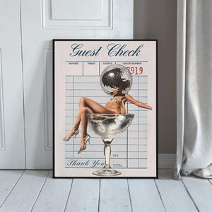 Disco Diva Wandkunst - Retro Cocktail Mädchen Druck, Gast Check Poster, 70er Jahre Party Dekor, digitaler Download Collage, Funky Glam Bar Kunst