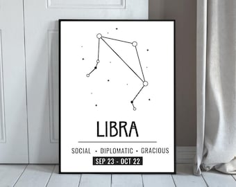 Könnte beinhalten: Schwarz gerahmter Kunstdruck mit dem Sternzeichen Waage. Der weiße Druck zeigt eine Sternbildillustration mit dem Wort "LIBRA" und den Daten "SEP 23 - OCT 22". Zusätzlicher Text lautet "SOCIAL • DIPLOMATIC • GRACIOUS".