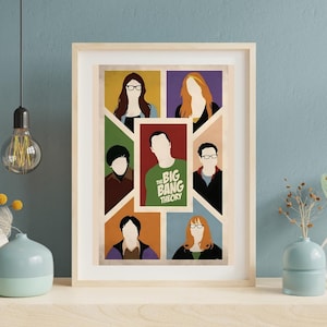 Può includere: Stampa artistica incorniciata con illustrazioni stilizzate dei personaggi della serie TV "The Big Bang Theory". L'opera d'arte ha un design geometrico con ogni personaggio in una sezione di colore diverso. Il personaggio centrale indossa una maglietta verde con il titolo dello show.