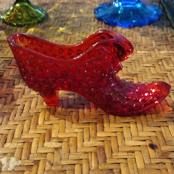 Vintage Fenton Ruby Red Glass Hobnail Cat Head slipper