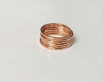 Minimalist Set of 6 Solid copper rings textured hammered